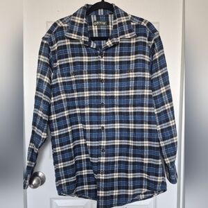 Orvis Perfect Flannel Shirt Men’s L Blue White Plaid 100% Cotton Long Sleeve
